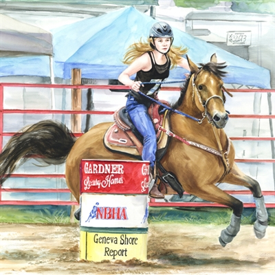 Hand Painted Watercolor of Equestrianism with A Young Lady Riding on A Brown Horse,by myDaVinci - myDaVinci